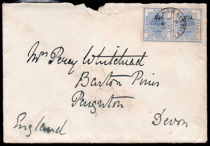 OFS - 1895 - COVER HARRISMITH(OFS) TO DEVON, ENGLAND WITH 2½ ON 3d ULTRAMARINE PAIR - SEE BELOW