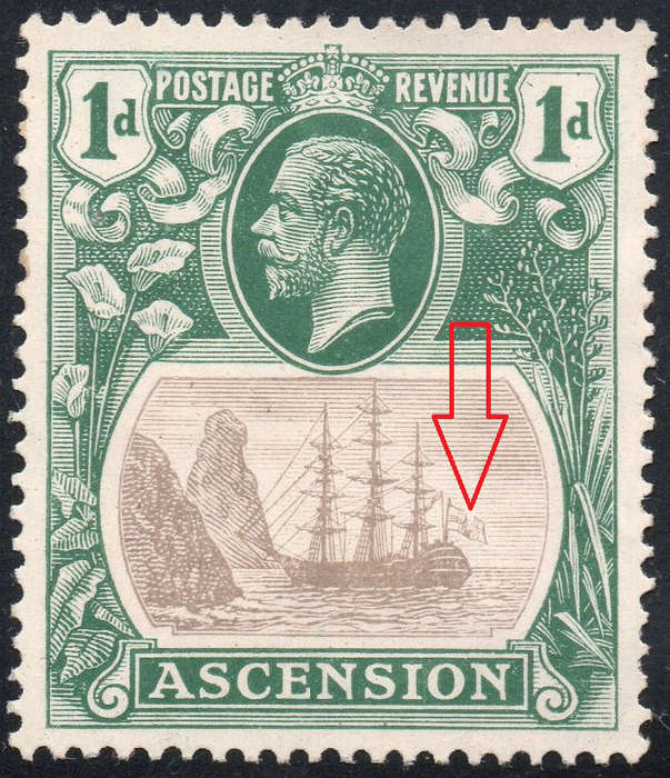 ASCENSION 1924-33 SG11b 1d GREY-BLACK & DEEP BLUE GREEN - ''TORN FLAG'' VARIETY CV £150+