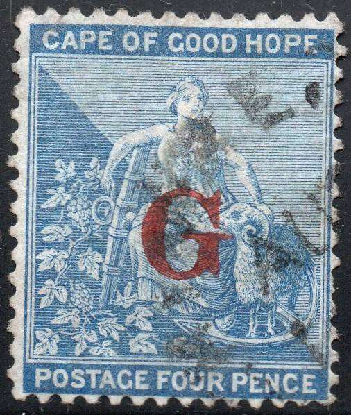 GRIQUALAND WEST 1877-8 SG7c 4d DULL BLUE, O/P TYPE 3 IN RED - VFU - CV £70+(2017)