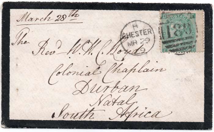 GREAT BRITAIN 1869 MOURNING COVER CHEST(UK) TO DURBAN TIED WITH SG117