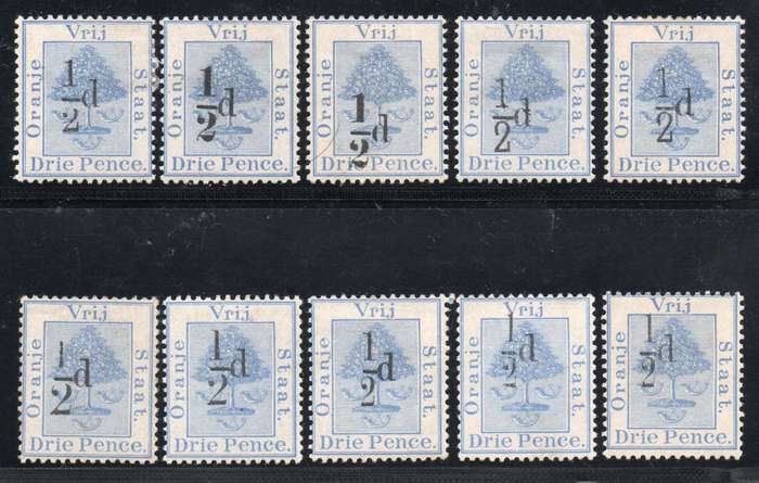 OFS 1896 ½d on 3d ULTRAMARINE SURCHARGED ISSUE , VAIOUS TYPES, SOME DUPLICATION - SEE SCANS