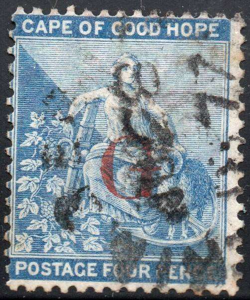 GRIQUALAND WEST 1877-8 SG7b 4d DULL BLUE, O/P TYPE 2 IN RED - VFU - CV £140+(2017)