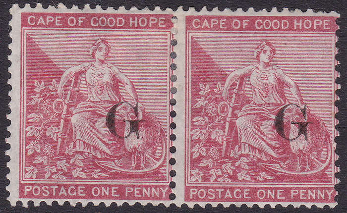 Griqualand West 1878 SG11b  - 1d CARMINE-RED PAIR, OVERPRINT TYPE 7 - UNUSED