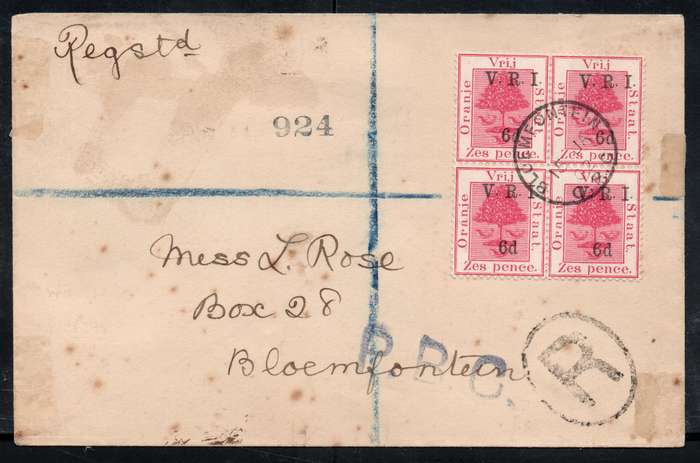 OFS 1902 COVER SENT INTERNALLY IN BLOEMFONTEIN, AFFIXED WITH 6d ON 6d BRIGHT CARMINE WITH EARLY CERT