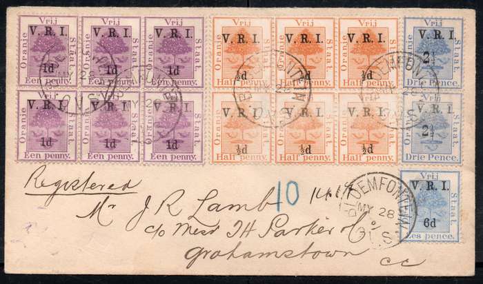 OFS MULTICOLOUED INTERNAL COVER BLOEMFONTEIN TO GRAHAMSTOWN SENT 28 MAY, ARRIVAL 30 MAY 1900