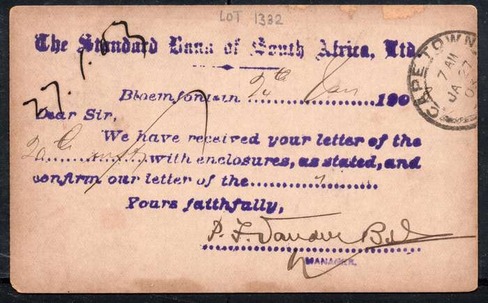 OFS 1903 BRIEFKAART SENT BLOEMFONTEIN(ORC) TO STD BANK CAPE TOWN - SEE BELOW