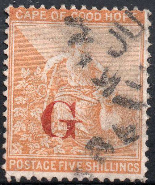 GRIQUALAND WEST 1877-8 SACC10b 5/- YELLOWISH-ORANGE, O/P TYPE2  IN RED - VFU CV £130(2017)