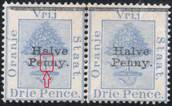 OFS 1896 ½d ON 3d ULTRAMARINE PAIR, LEFT STAPM WITH ''Peuny'' VARIETY - MM CV R1810