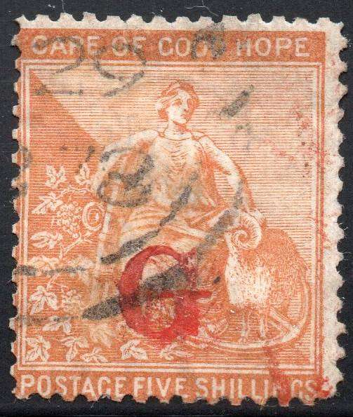 GRIQUALAND WEST 1877-8 SACC10c 5/- YELLOWISH-ORANGE, O/P TYPE3  IN RED - VFU CV £75(2017)