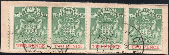 BSAC / RHODESIA 1895 SACC27 2d GREEN & RED SO4 ON PIECE - VFU - CV R1800(as singles)