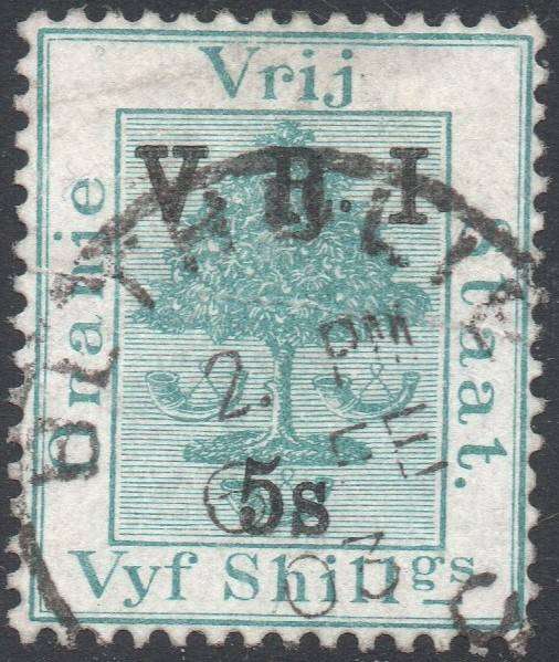 OFS 1900 SG132 : 5/- on 5/- GREEN(THICK `V`) USED  - CV £55+(2017)