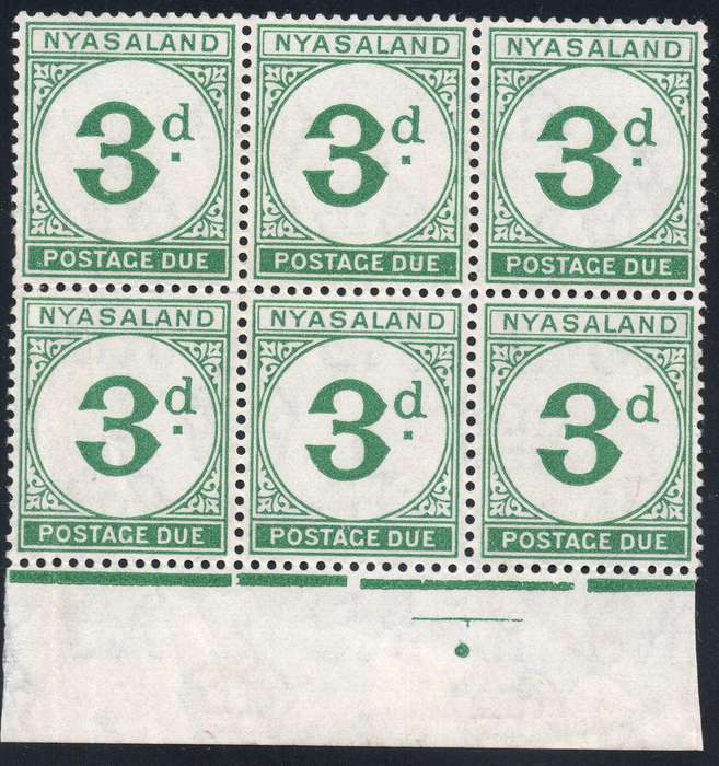 Nyasaland 1950 SG D3 3d GREEN MARGINAL BO6 - UM - CV £102+(2017)