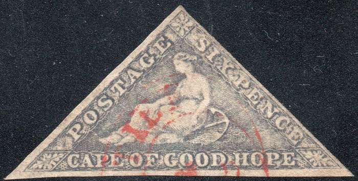 Cape of Good Hope : 1863-64 SACC7c : 6d SLATE LILAC - VFU WITH RARE RED CDS - CV R20000(for normal)