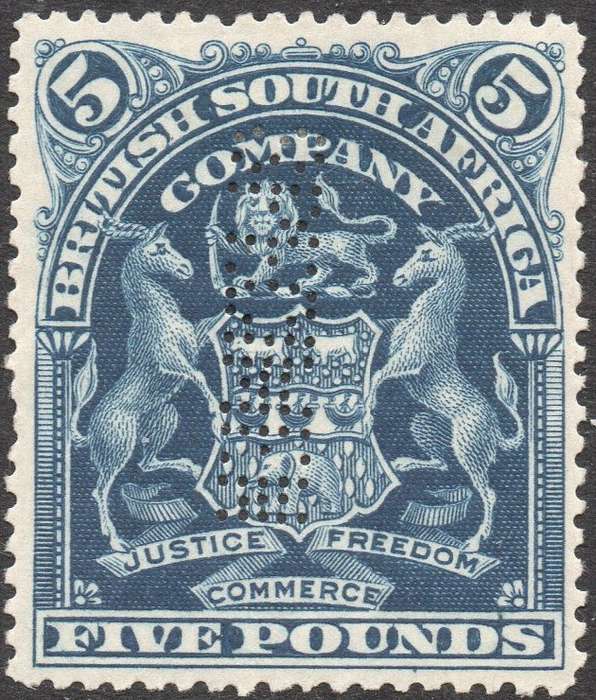 B.S.A.C. / Rhodesia 1901 SACC86s £5 BLUE PERFORATED ''SPECIMEN'' MM - SEE SCANS
