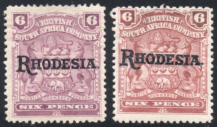 BSAC / Rhodesia : SACC102 & 103 6d DULL PURPLE & 6d REDDISH PURPLE MM CV R1000