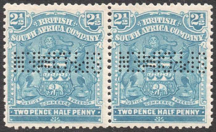 B.S.A.C. / Rhodesia 1909 SG72s 2½d PALE DULL BLUE ''SPECIMEN'' PAIR - MM