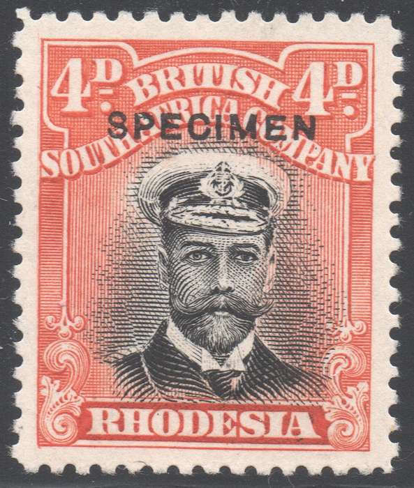 B.S.A.C / RHODESIA 1913-22 : 4d BLACK & ORANGE-RED  `SPECIMEN`  - MM CV R3420