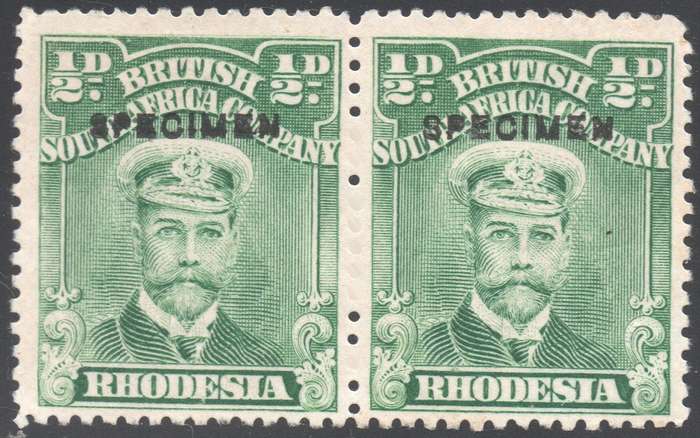B.S.A.C / RHODESIA 1913-22 1/2d GREEN `SPECIMEN` PAIR - SCARCE - MNG CV R6840+