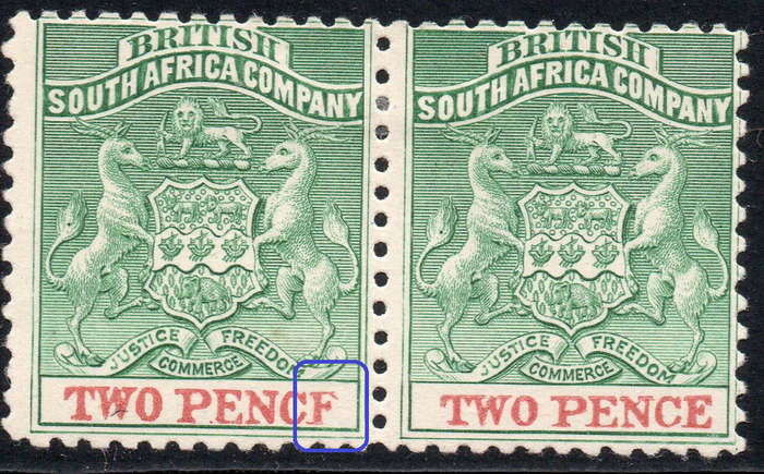 B.S.A.C / Rhodesia 1895 SACC27 2d  GREEN & RED PAIR WITH VARIETY - MM