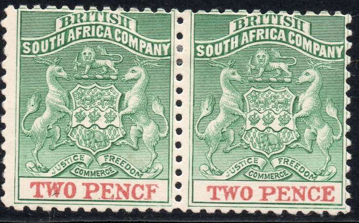 B.S.A.C / Rhodesia 1895 SACC27 2d  GREEN & RED PAIR WITH VARIETY - MM