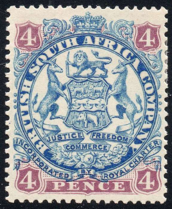 B.S.A.C. / RHODESIA 1896-7 SACC41 - 4d ULTRAMARINE & MAUVE - MM -  CV R2000 - SEE SCANS