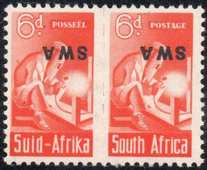 SWA 1923 SACC155a : 1d RED-ORANGE PAIR WITH INVERTED OVERPRINT - CERTIFICATE - UM - CV R16000