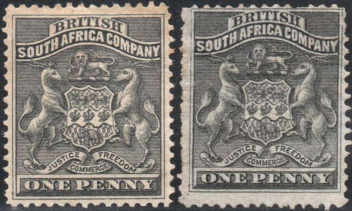 B.S.A.C. / RHODESIA 1892 SACC1 - 1d BLACK x 2 SHADES - MM/MNG -  CV R800 - SEE SCANS