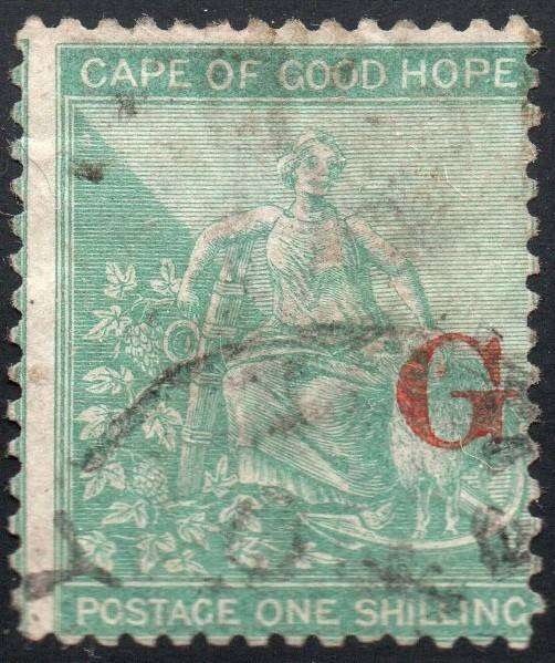 GRIQUALAND WEST 1877-8 SACC9c 1/- GREEN, O/P TYPE3  IN RED - VFU CV £60(2017)