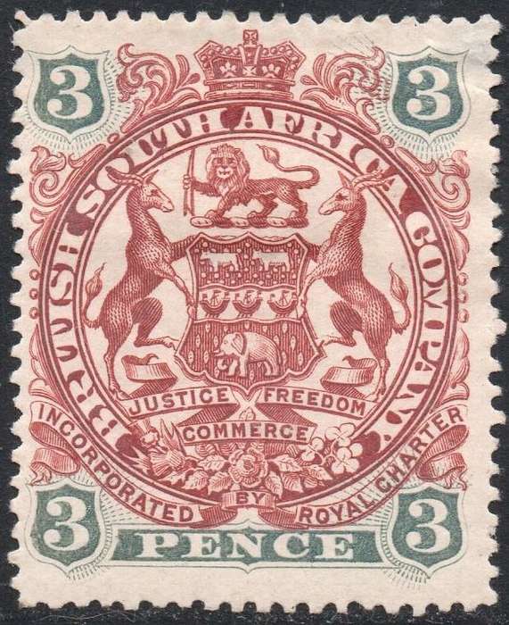 B.S.A.C. / RHODESIA 1897 : SACC61 3d BROWN-RED & SLATE-BLUE - MM - CV R300