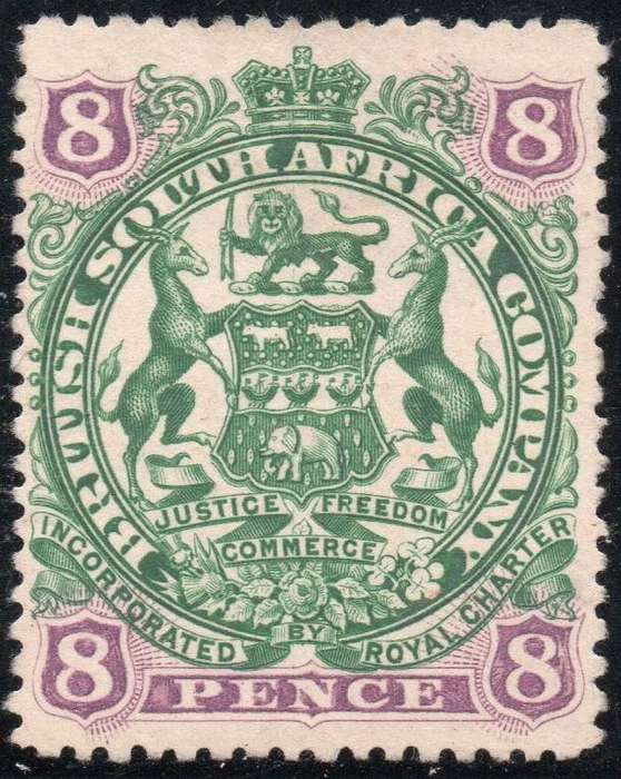 B.S.A.C. / RHODESIA 1897 : SACC64 8d GREEN & MAUVE / BUFF PAPER - MNG - CV R900