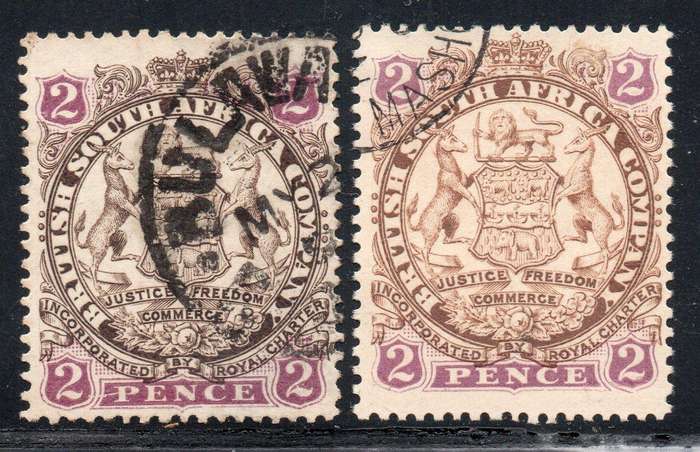 B.S.A.C. / RHODESIA 1896 : SACC30 / 30a 2d BROWN & MAUVE / YELLOW-BROWN & MAUVE - VFU - CV R120