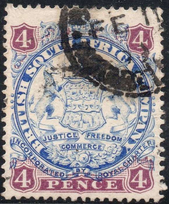 B.S.A.C. / RHODESIA 1896 : SACC32 4d ULTRAMARINE & MAUVE - VFU - CV R600