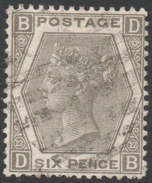 GREAT BRITAIN 1873 SG125 6d GREY(PLATE 12) - VFU - CV £300+(2017)