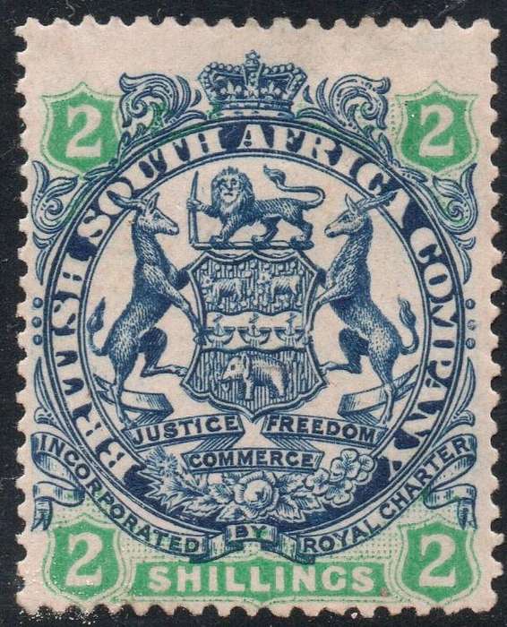 B.S.A.C. / RHODESIA 1897 : SACC44 : 2/- INDIGO & GREEN ON BUFF PAPER - VFU - CV R300