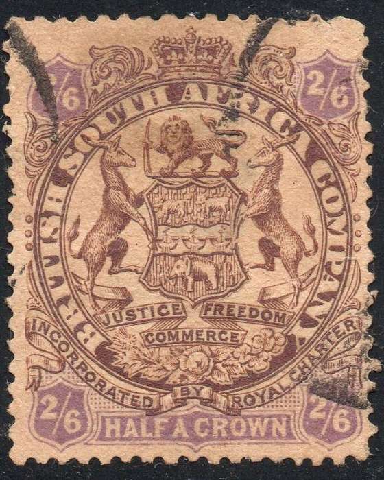 B.S.A.C. / RHODESIA 1897 : SACC45 : 2s6d BROWN & PURPLE ON YELLOW PAPER - VFU - CV R1500