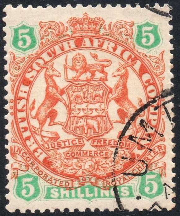 B.S.A.C. / RHODESIA 1897 : SACC46 : 5/- CHESNUT & EMERALD - VFU - CV R350