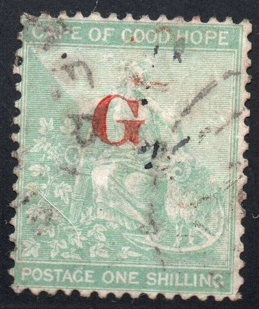 GRIQUALAND WEST 1877-8 SACC9b 1/- GREEN, O/P TYPE2  IN RED - VFU CV £110(2017)