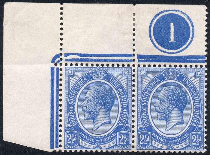 Union of SA - 1913 SACC6(var) 2½/- BRIGHT BLUE CORNER MARGINAL CONTROL PAIR - UM - CV R8250