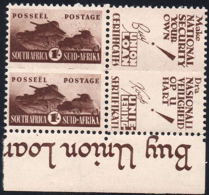 Union of SA - 1942-44 SACC102a 1/- BROWN UNIT  WITH``BURSTING SHELL`` VARIETY - UM CV R2700