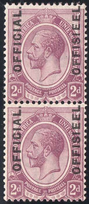 Union of SA 1926 OFFICIALS SACC1a 2d PURPLE MATT OVERPRINT - VERTICAL PAIR UM - CV R1500+