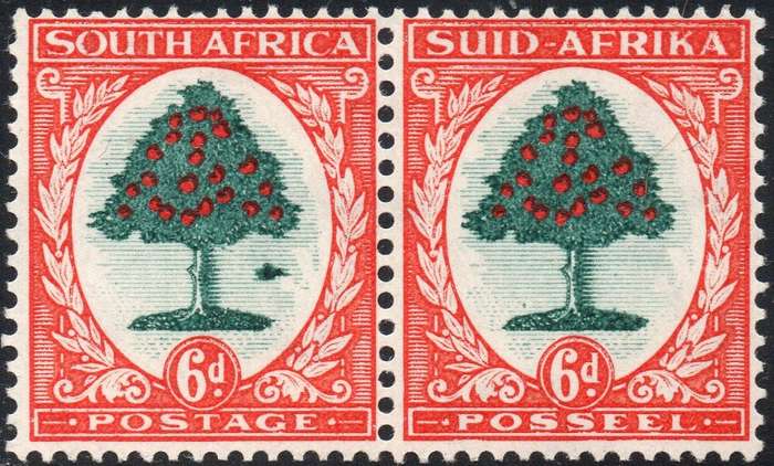 Union of SA : 1937 SACC60c(var) 6d GREEN & VERMILLION - ``MOLEHILL VARIETY``  UNMOUNTED MINT