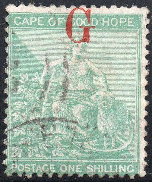 GRIQUALAND WEST 1877-8 SACC9e 1/- GREEN, O/P TYPE5  IN RED - VFU CV £140(2017)