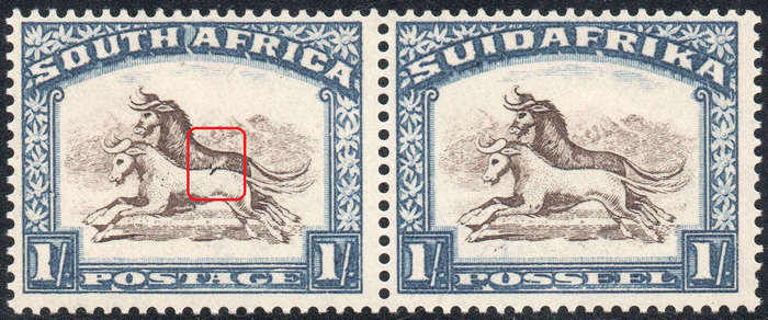 UNION OF SA 1932 SG48a 1/- BROWN & DEEP BLUE - DART IN GNU'S BACK LMM CV £375(2017)