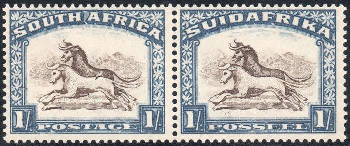 UNION OF SA 1932 SG48a 1/- BROWN & DEEP BLUE - DART IN GNU'S BACK LMM CV £375(2017)