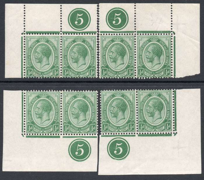 Union of SA - 1913 SACC2 ½d GREEN - ALL 4 CORNER CONTROLS #2 IN MARGINAL PAIRS UM/MM CV R2250+