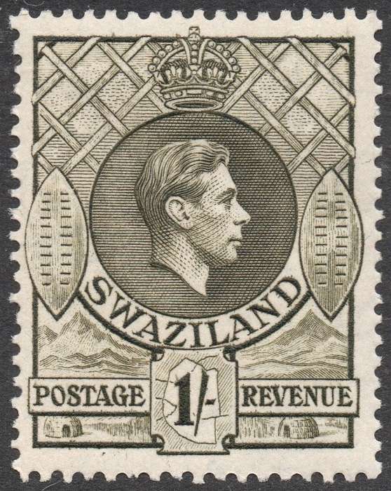 SWAZILAND 1938-54 SACC34 1/- BROWN-OLIVE -  PERF 13½X13 - UM - CV R700