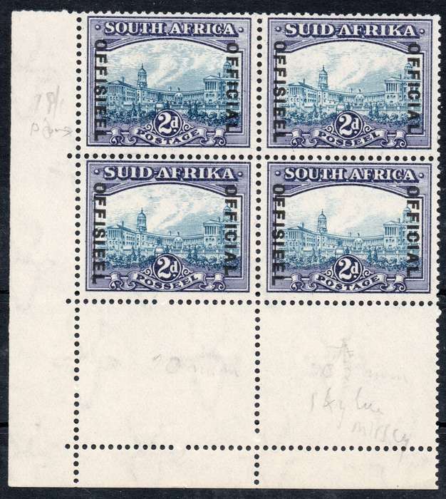 Union of SA - 1930-47 OFFICIALS SACC15b 2d BLUE and VIOLET MARGINAL BO4 - MM/UM -  CV R6000+