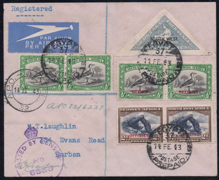SWA / UNION - 1943 COMBINATION REGISTERED WAR COVER WITH SWA & UNION STAMPS - SEE BELOW
