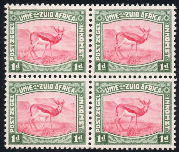 Union of SA - 1d Carmine and Green Harrison Essay BLOCK OF FOUR - SUPERB UM