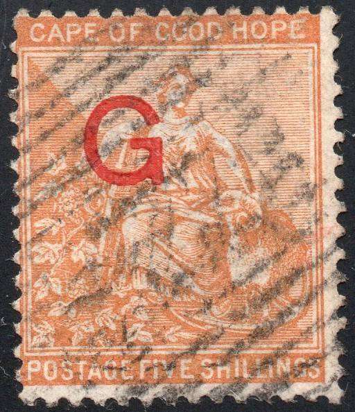 GRIQUALAND WEST 1st PRINTING 1877-8 SACC10f 5/- YELLOWISH-ORANGE, O/P TYPE6  IN RED - VFU